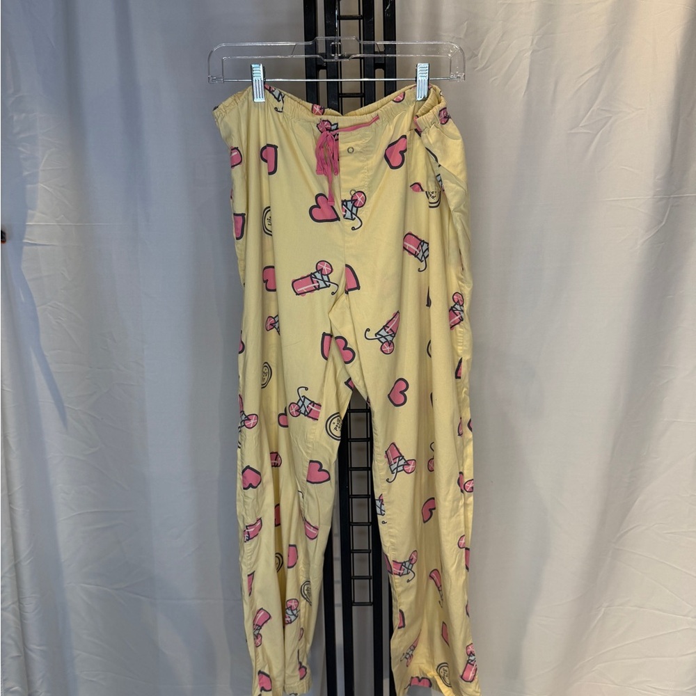Life Is Good Yellow‎ Pajama Pants with Pink Heart Pattern